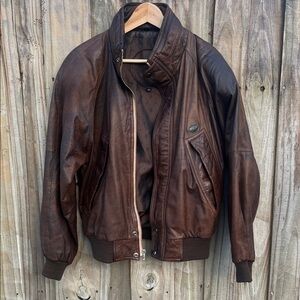 MENS VINTAGE Hunting Horn Brown Leather Distressed Bomber Jacket
